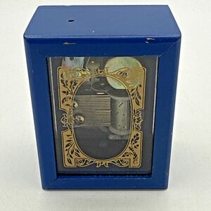 Vintage Sanyo Small Music Box Mechanism, Blue Wood Clear Glass Works 3.5”x2.75”